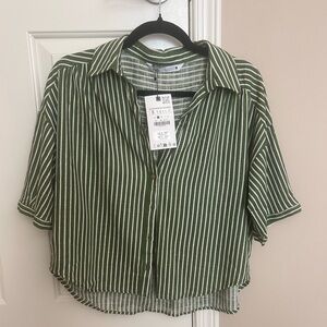 Zara Green Boxy Button Down Shirt with Notched Collar